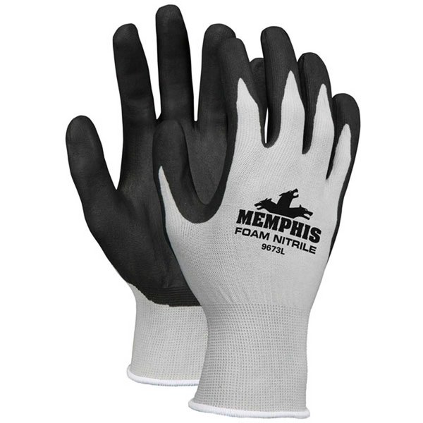 Mcr Safety Memphis Foam Nitrile Gloves, Large, 13 Gauge, Gray/Black, Dozen 9673L